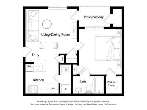 Floor plan for 1 bed, 1 bath, 660 sqft